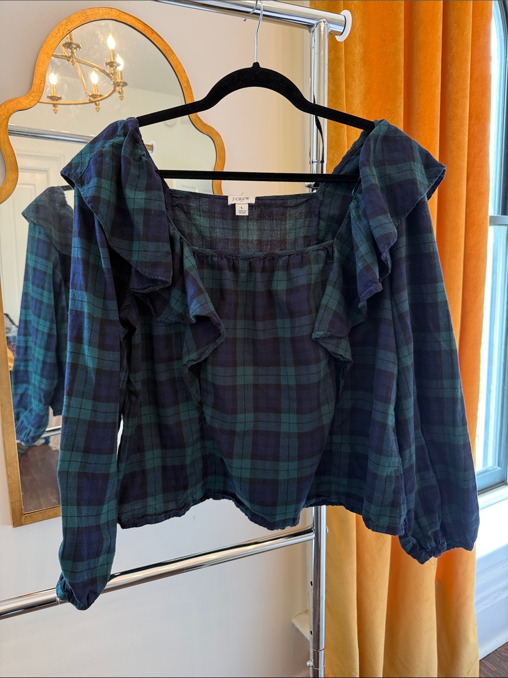 J. Crew Green and Navy Plaid Ruffle Peasant Blouse
